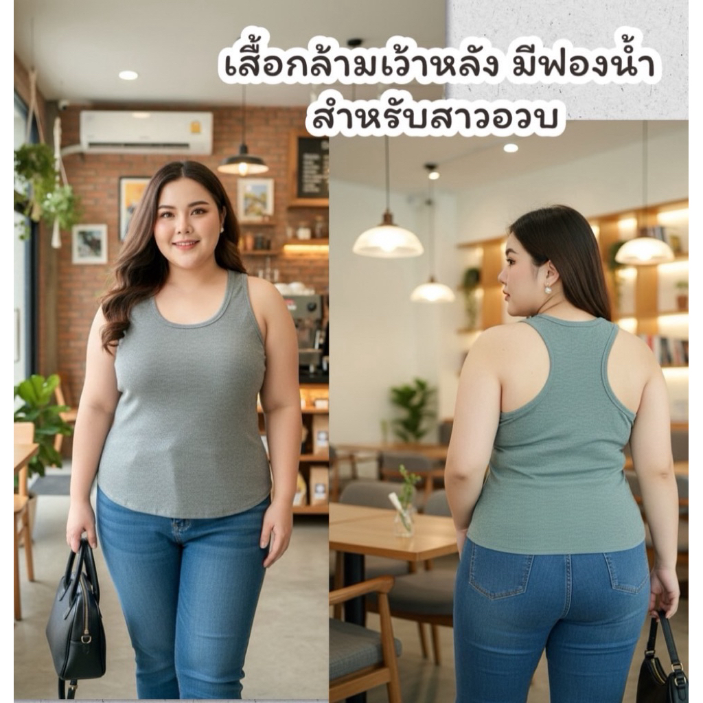 เสื้อกล้ามเว้าหลังมีฟองน้ำสำหรับสาวอวบ ผ้าร่องยืดไหมพรม อก38-50