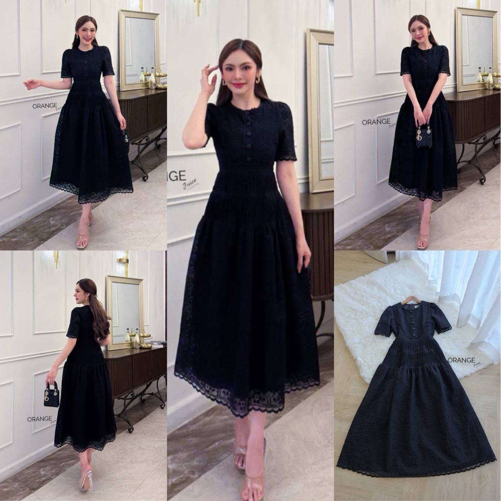 🖤พร้อมส่ง S-4XL🖤ป้าย Orange Juice💕เดรสลูกไม้สีดำ ตีเกล็ดช่วงเอว  สวยเรียบหรู ผ้าดีมีน้ำหนัก