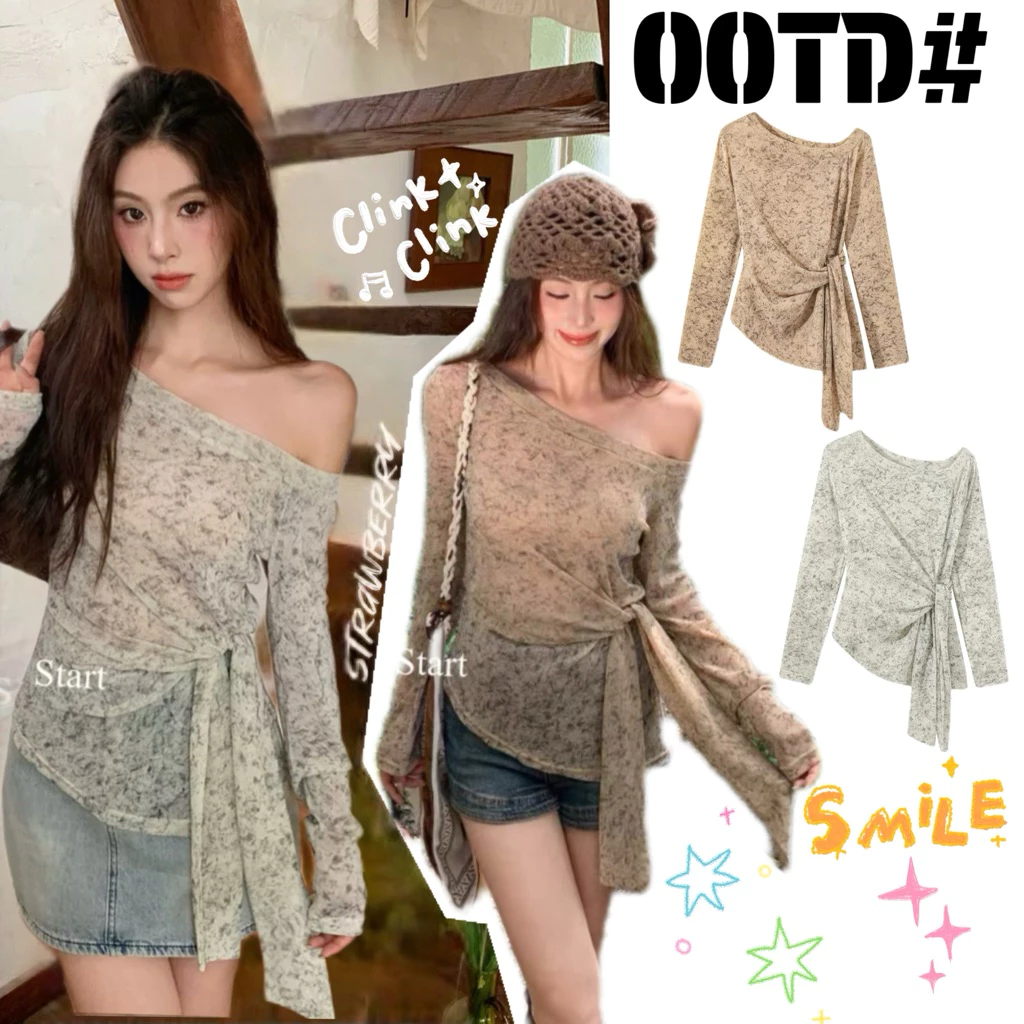 STR พร้อมส่ง🍊🐰เสื้อครอปผู้หญิง เสื้อปาดไหล่แขนยาว สีมัดยอม ดีไซน์มีเซือกผูกเอว ทรงยาว ทรงรัดรูป แฟชั่นเซ็กซี่สาวเกาหลี