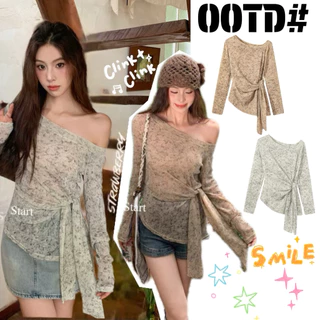 STR พร้อมส่ง🍊🐰เสื้อครอปผู้หญิง เสื้อปาดไหล่แขนยาว สีมัดยอม ดีไซน์มีเซือกผูกเอว ทรงยาว ทรงรัดรูป แฟชั่นเซ็กซี่สาวเกาหลี