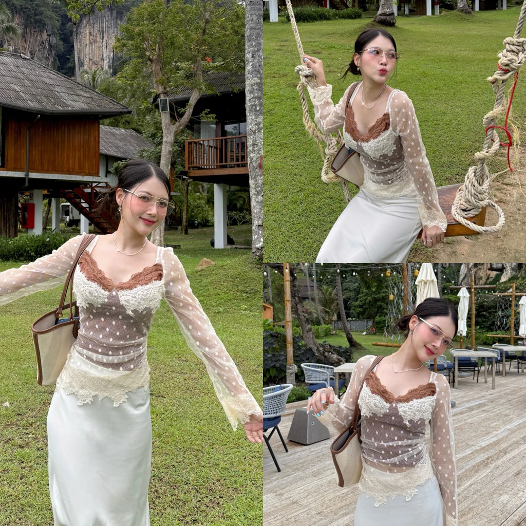M209- เสื้อซีทรูแขนยาวลูกไม้สุดหวาน ดีเทลเนื้อผ้าตาข่ายจุด พร้อมฟองน้ำในตัว