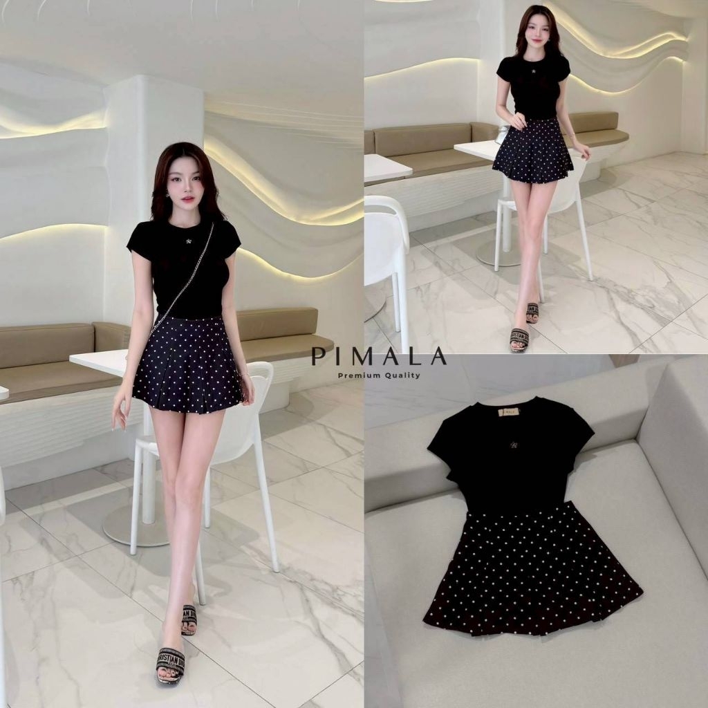 Pimala เซ็ตเสื้อแขนสั้นเนื้อผ้าหนานิ่มทุกการสัมผัส มาคู่กับกระโปรงลายpokadot