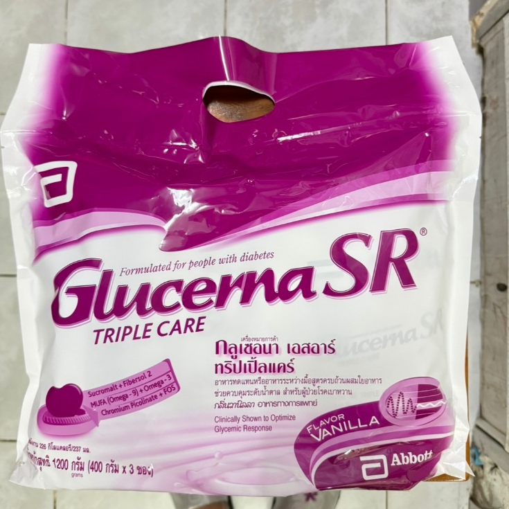 Glucerna SR 1200g Vanilla 1 ถุงกลูเซอนา เอสอาร์ ทริปเปิ้ลแคร์ กลิ่นวานิลลา ขนาด1200กรัม ด้านในมี3ถุง