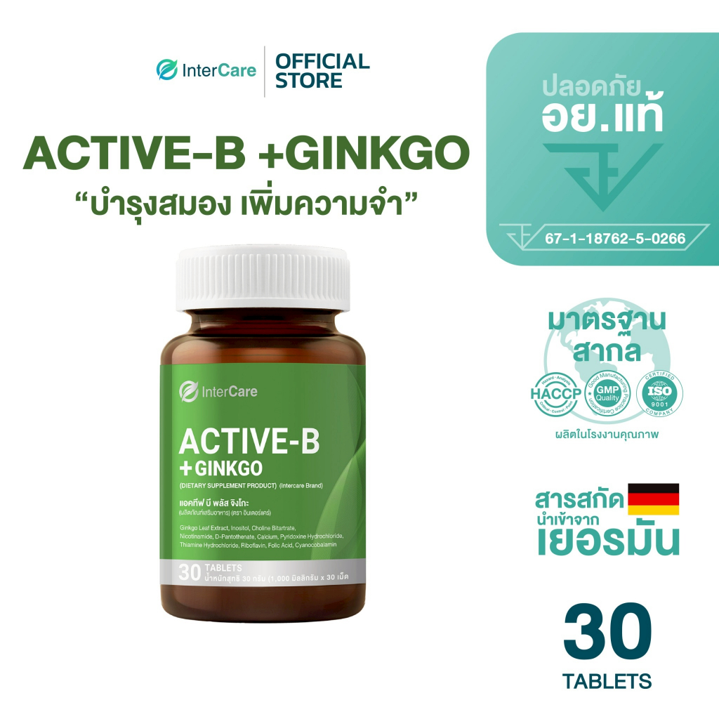 InterCare Active-B Plus Ginkgo แอคทีฟบีพลัสจิงโกะ บำรุงสมองเพิ่มความจำ สกัดจากใบแปะก๊วย วิตามินบีรวม