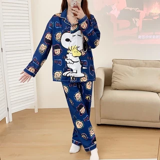 ❤️ชุดนอนผู้หญิง❤️ แขนยาวขายาว L-4XL ผ้าไหมอิตาลี ชุดนอนเซ็ต ลายการ์ตูนน่ารัก งานใส่สบาย ผ้านิ่มมาก