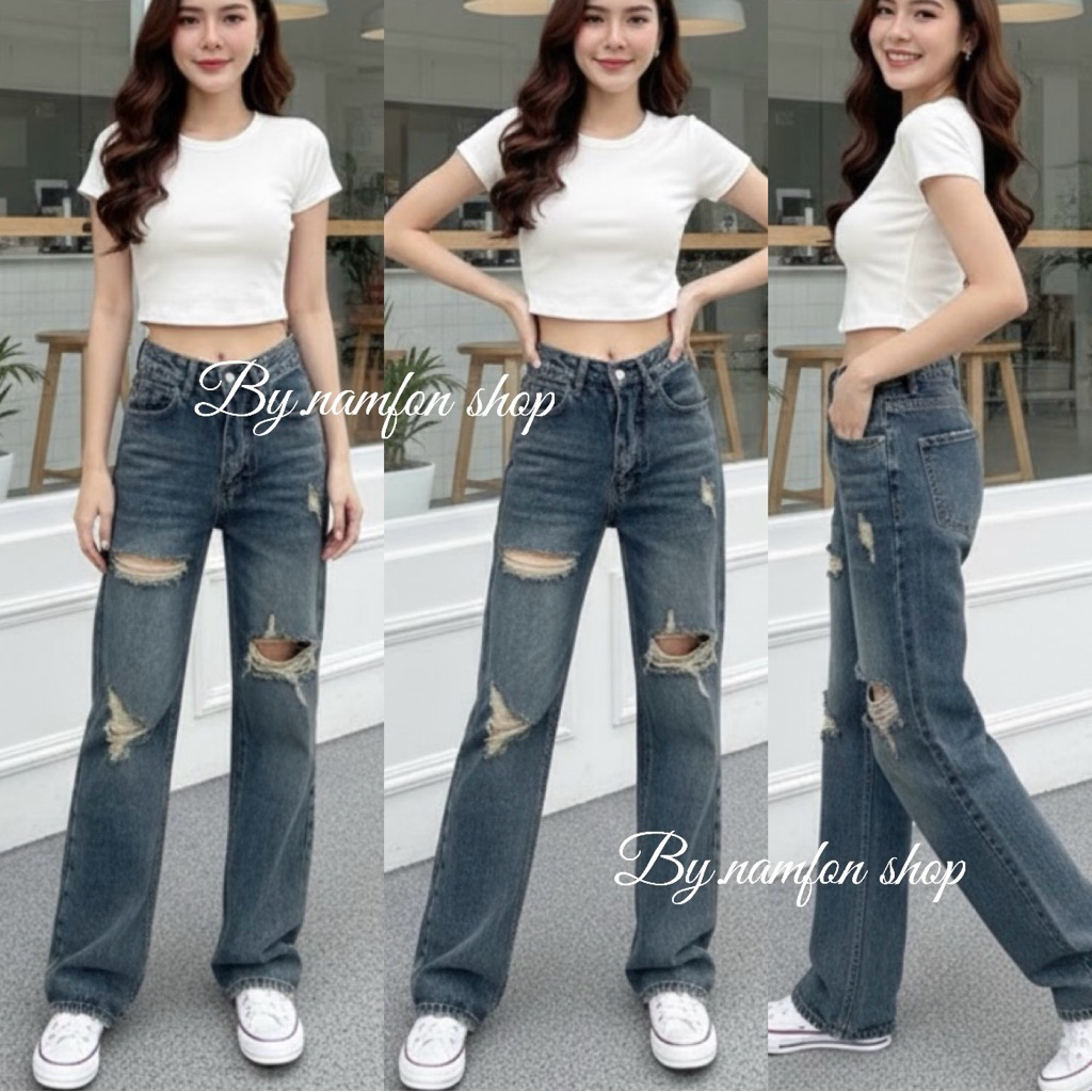 ป้าย Vintage(วินเทจแท้ ) กางเกงยีนส์ขากระบอกกลางแต่งขาด