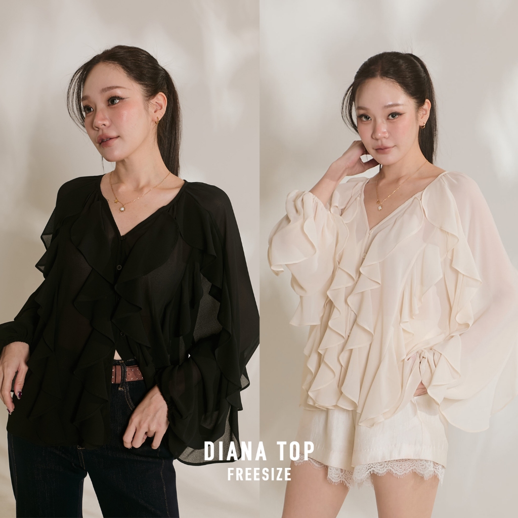 [Diana Top] ดีเทลระบายน่ารักมาก ความเป็นคอวียิ่งเสริมลุคให้ดูผอมเพรียวที่สุด ผ้าชีฟองเนื้อปานกลาง ใส่สบายเทสดีสุดๆ