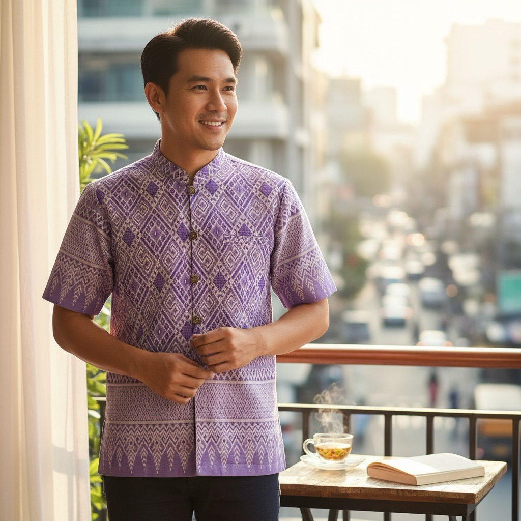 เสื้อผ้าฝ้ายพิมพ์ลายชาย-แขนสั้น สีม่วงอ่อน-รหัส 26