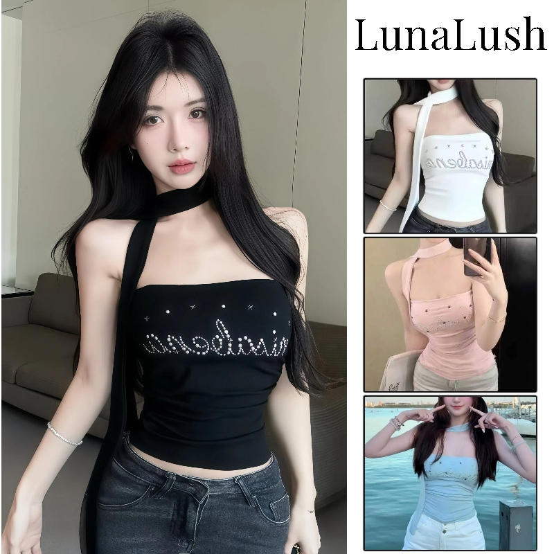 LunaLush พร้อมส่ง เสื้อแขนกุด มีฟองน้ำ สีพาสเทล แถมสายคล้องคอเก๋ไม่ไหว เซ็กซี่ เข้ารูป ผ้ายืด"FY943"