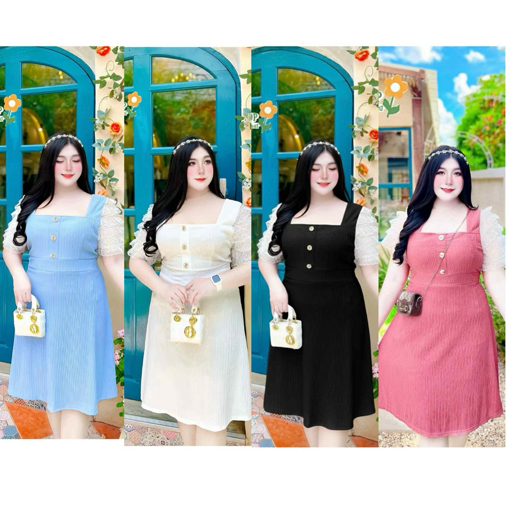 ชุดเดรสไซส์ใหญ่ อก46-60 สำหรับสาวอวบอ้วน แต่งแขนลูกไม้ ใส่งานบุญ งานแต่ง