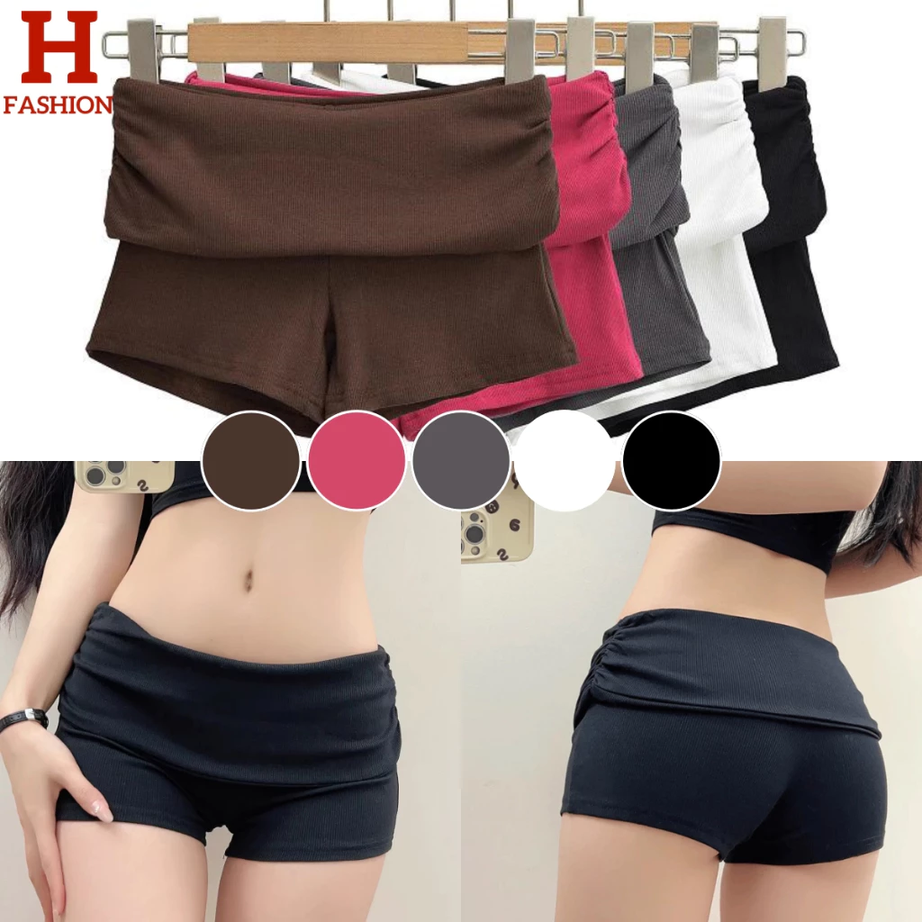 Hot fashion thai~พร้อมส่ง'กางเกงขาสั้นผู้หญิง สีทึบเอวต่ำเอว Flipping หัวกระเป๋าสะโพกลำลองกางเกงขาสั้น-FY2833