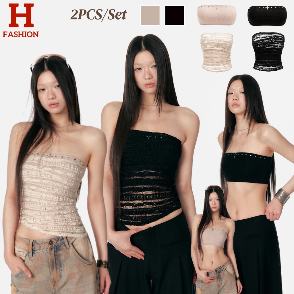 HOT FASHION THAI พร้อมส่ง เสื้อเกาะอกสั้นและยาว ประดับด้วยลูกปัดข้าม สีพื้น ยืดพอดีตัว-FY928/FY929