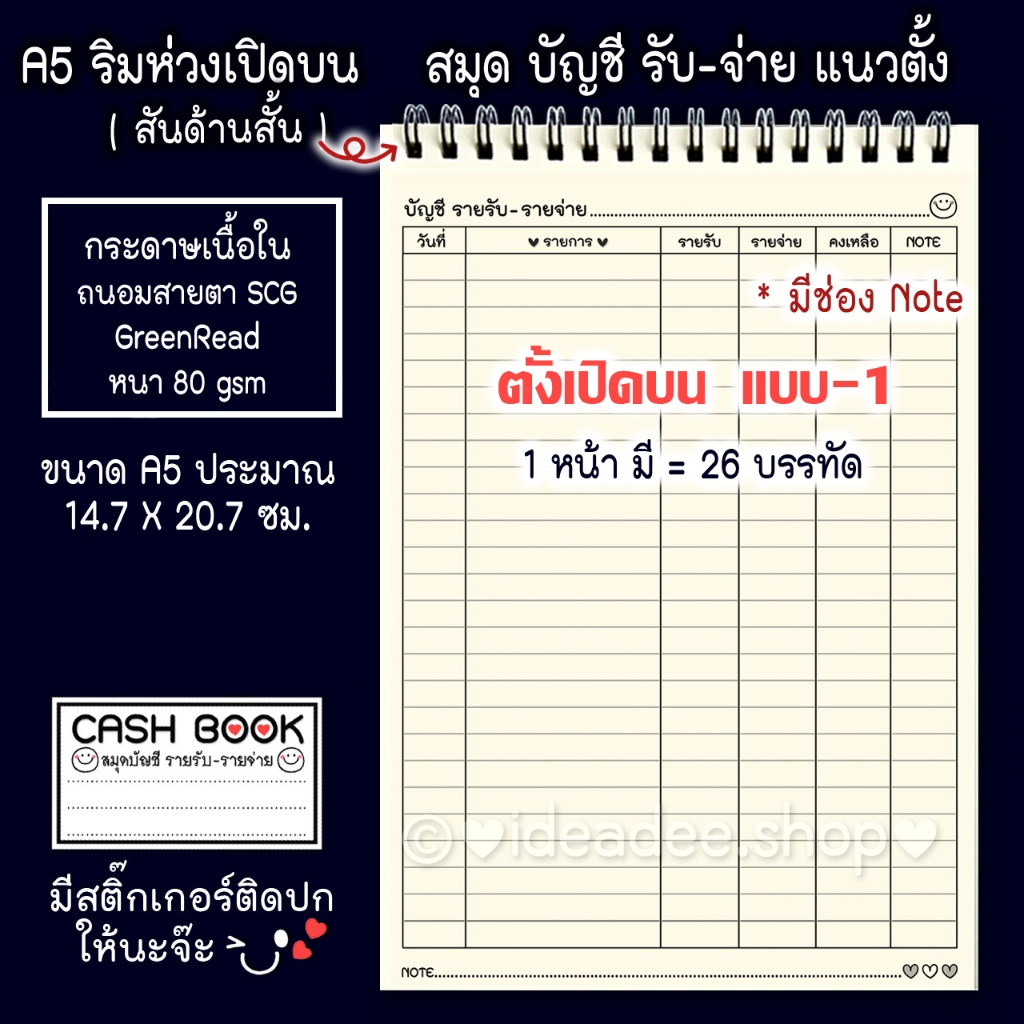 ⭕สมุดบัญชี รับ-จ่าย A5(เล่มเล็ก) แนวตั้ง 50แผ่น=100หน้า ริมสันห่วง เนื้อใน มี 4 แบบให้เลือก   ปกหลากสี + มีรองแผ่นใส ราคา ถูกที่สุด ดีลบีเคเค แกลเลอรีภาพที่ 6