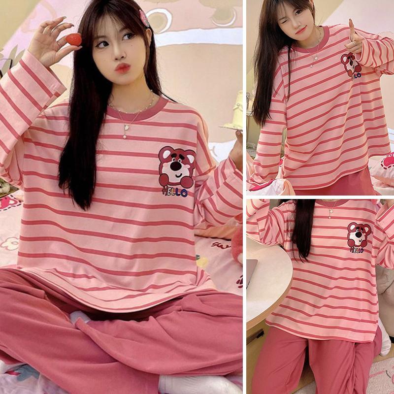 ชุดนอนแขนยาวขายาว ชุดนอนผู้หญิง มีบราในตัว ชุดเซตผู้หญิง 2 ชิ้น ผ้านิ่มไม่บาง ลายการ์ตูนน่ารักๆ ชุดนอนแฟชั่น
