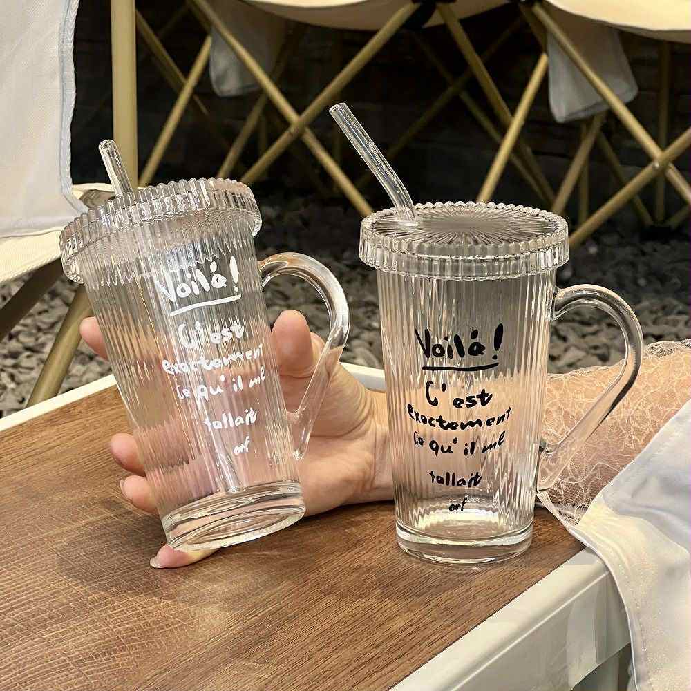 พร้อมส่งในไทย แก้วน้ำมีฝาปิด 375ml แก้วเครื่องดื่มเย็น ถ้วย+ฝาแก้ว+หลอด ลายทางแนวตั้ง เรียบง่าย ชงเค