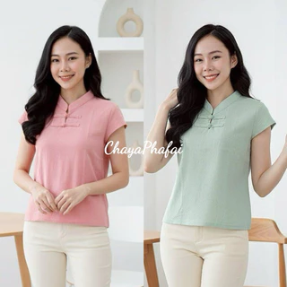เสื้อผ้าฝ้ายคอจีนเจาะกระดุมขอด แขนเลยไหล่