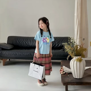 1-12 ปี เสื้อยืดสีฟ้า เสื้อยืดเด็กผู้หญิง เสื้อยืดสีฟ้า ลายการ์ตูน ผ้านุ่ม สัมผัสเบาสบาย วันแม่