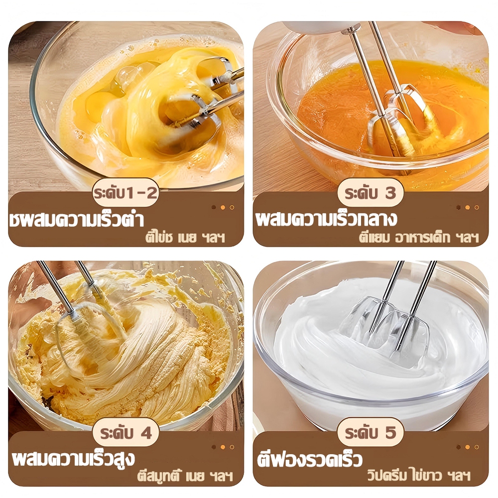 เครื่องปั่นผสมแป้งไฟฟ้า มอเตอร์เยอรมัน ปรับได้5ระดับ ดีไซน์ตั้งได้ 304แท่งคู่สแตนเลส ตีฟองเร็ว Food Mixer เครื่องตีไข่ - รูปที่ 3