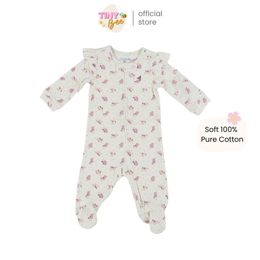 TinyBee ชุดหมีคลุมเท้าซิปสองทาง 2 WAY ZIPPER Romper Sleepsuits แบรนด์แท้ ลายนกน้อย อายุ 3-12 เดือน