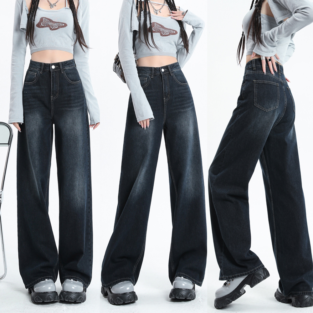 S-5XL กางเกงยีนส์ผู้หญิง ทรงตรง เอวสูง สีน้ำเงินเข้ม ใส่สบาย ทรงสวยโดนใจ!（ไม่มีความยืดหยุ่น）