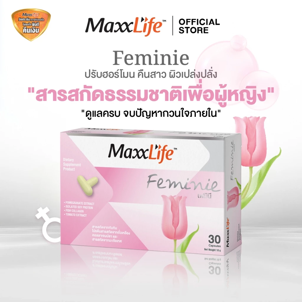 ปรับสมดุลฮอร์โมน แก้ตกขาว มีกลิ่น คันเชื้อรา MaxxLife FEMINIE เฟมินี 1 กล่อง 30 แคปซูล