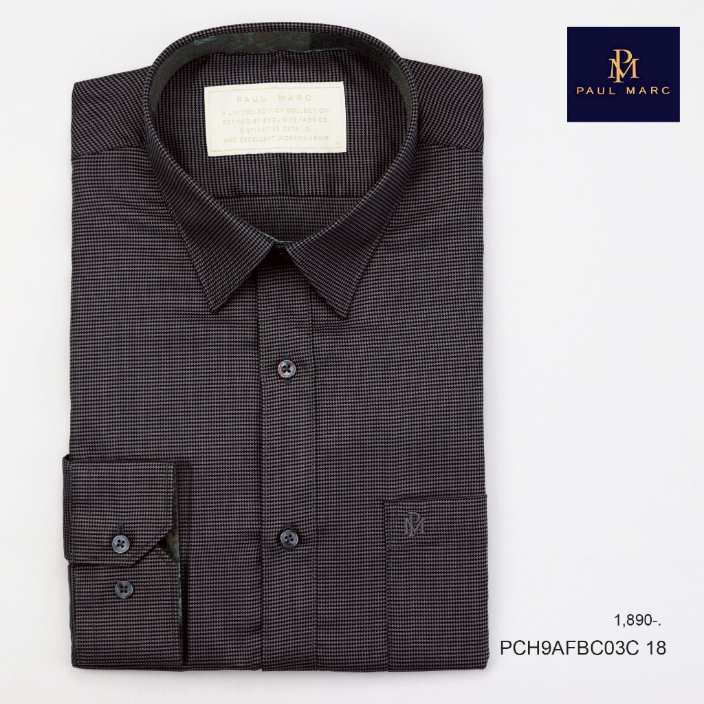 PAUL MARC เสื้อเชิ้ตสีดำแขนยาว slim fit ลายชิโนริ 100% cotton ผ้านุ่ม รีดง่าย ยับยาก PCH9AFBC03C