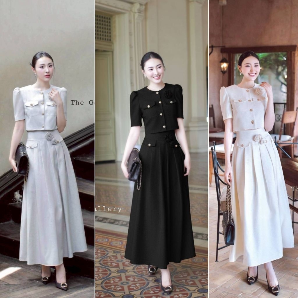 The gallery ชุดเซ็ตเสื้อและกระโปรง พร้อมตกแต่งดอกไม้เข็มกลัด เนื้อผ้ามีเทคเจอร์ในตัวสุดพรีเมี่ยม