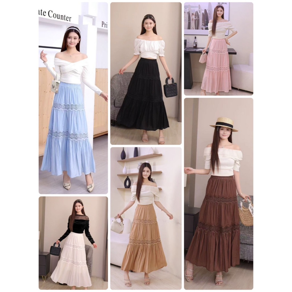 กระโปรงยาวผ้าคอลตอน แต่งลูกไม้ลายตาข่ายสลับ  มีซับในเอวยางยืด #588