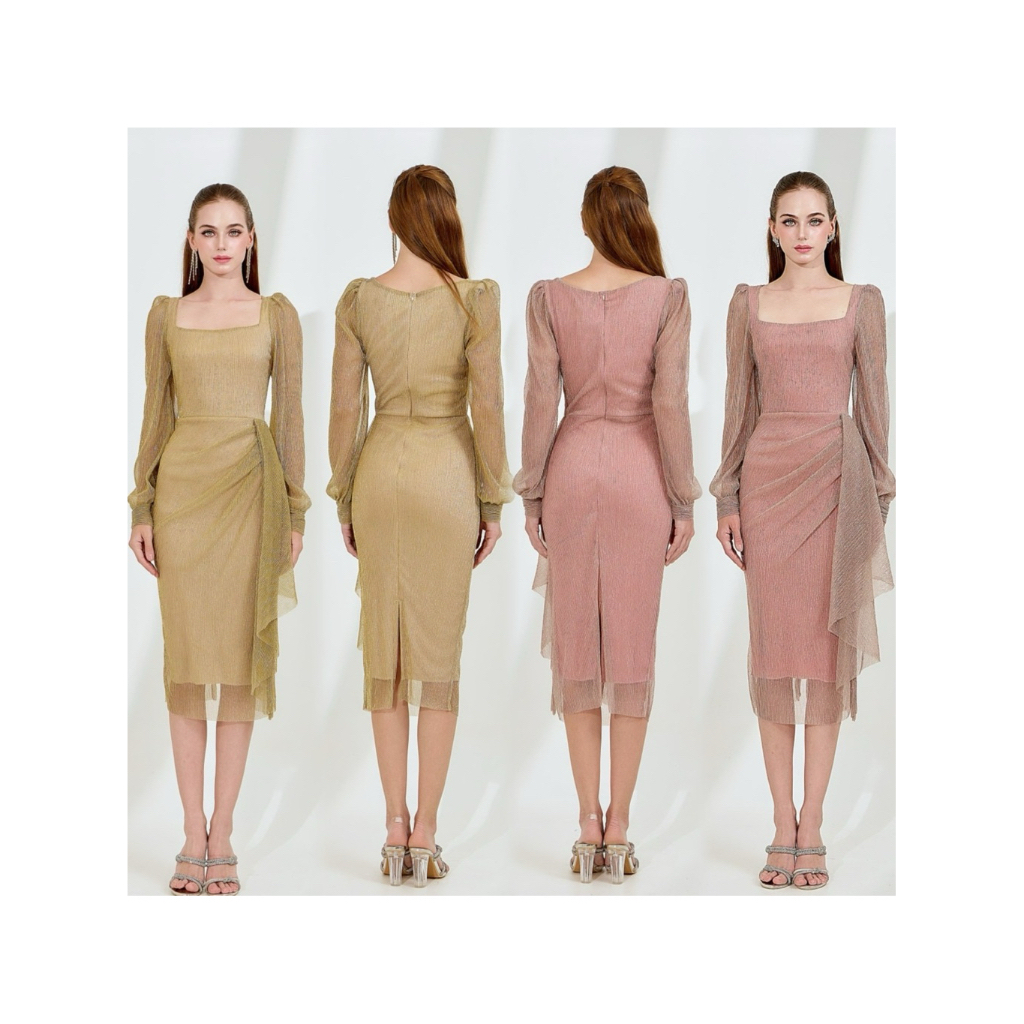 M11 งานป้าย Luxe Dress ชุดเดรสคอเหลี่ยมแขนยาวจับเดรป สำหรับผู้หญิง เสื้อผ้าแฟชั่นผู้หญิง ไซส์ S-XL
