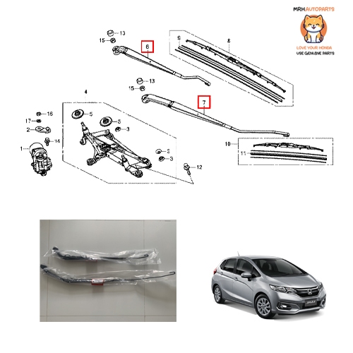 ชุดก้านเหล็กใบปัดน้ำหน้า Honda Jazz GK 2014-2020 แท้ศูนย์ราคาต่อ 1 ข้าง