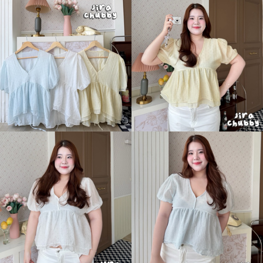 (shopee video & liveมีส่วนลด+ส่งฟรี✅)เสื้อคอเหลี่ยมแขนตุ๊กตา งานผ้าพิมพ์ลายโบว์น่ารักมาก สีพาสเทล(38-50)