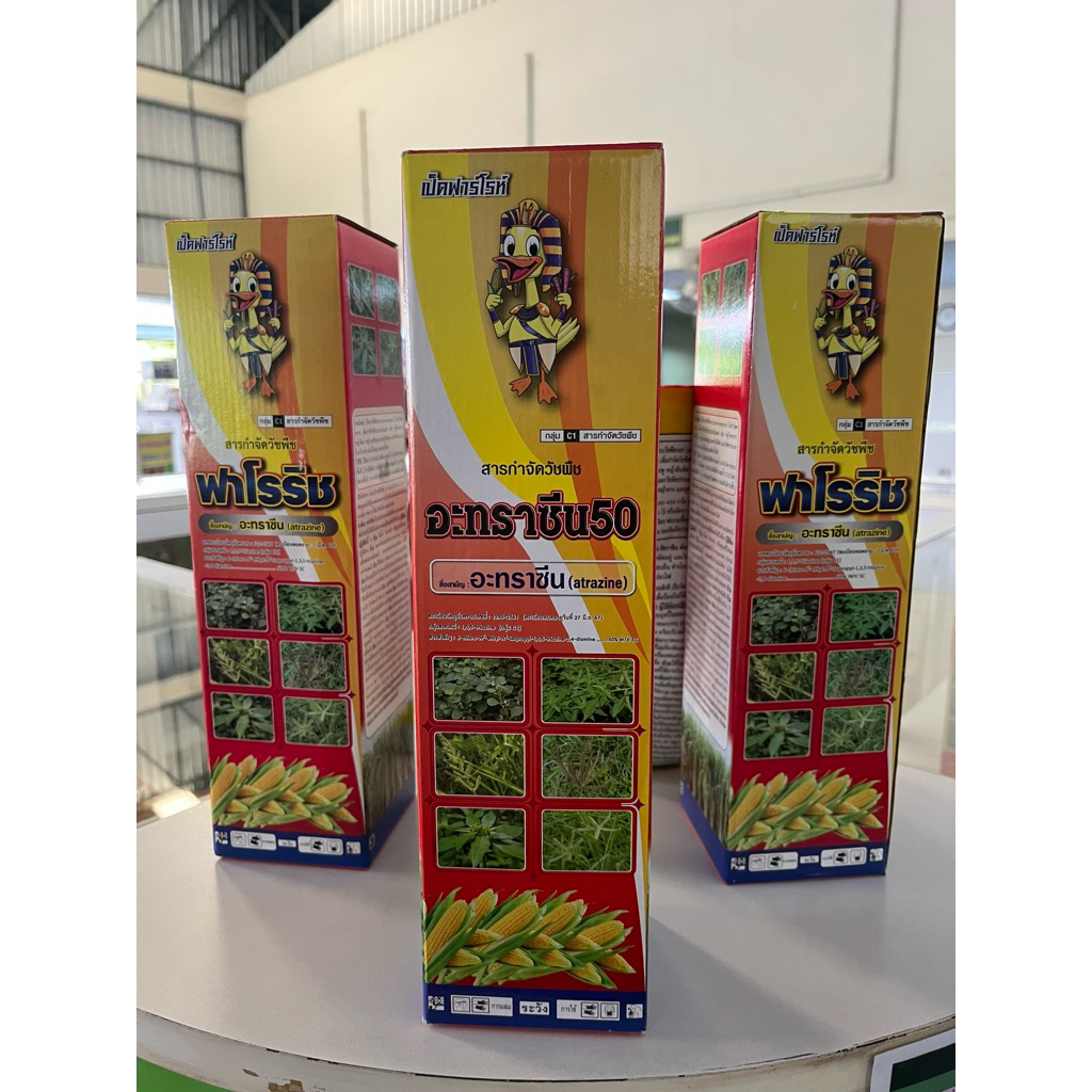 สารกำจัดวัชพืช ฟาโรห์ (Pharaoh) ที่เห็นในภาพมีสารสำคัญคือ อะทราซีน (Atrazine) ซึ่งจัดอยู่ในกลุ่ม 1,3,5-Triazine