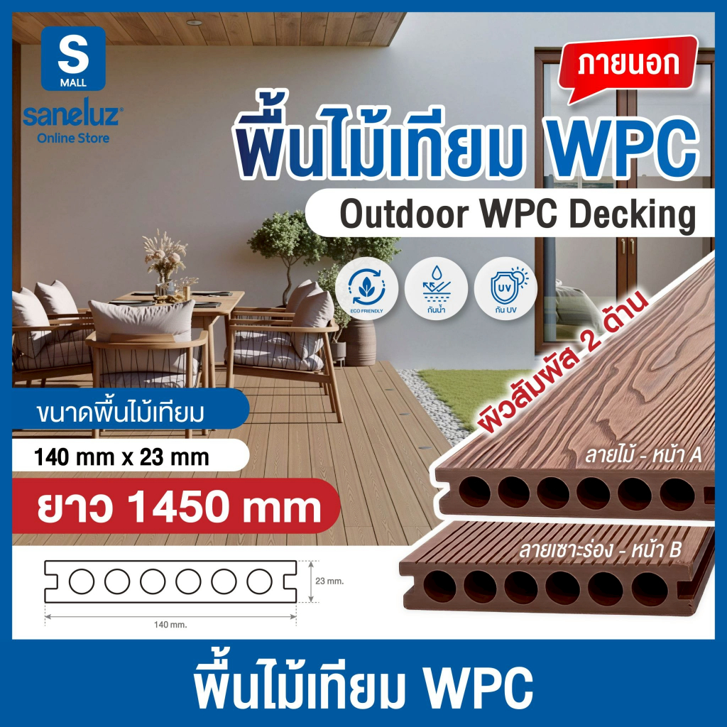 แผ่นพื้นภายนอก พื้นปูได้ 2 ด้าน ขนาด 1450 mm สวยทันสมัย เหมือนไม้จริง ทนแดด ทนฝน ตกแต่งบ้าน พื้นที่กลางแจ้งทุกประเภท