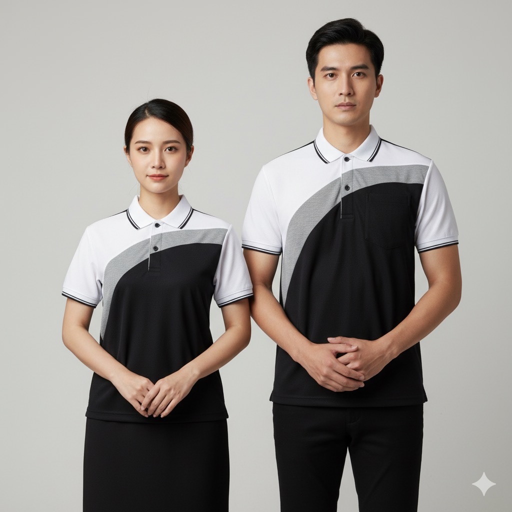 เสื้อโปโล ตัดต่อเฉียง หลังดำ แบบชาย มีกระเป๋าที่หน้าอก แบบหญิง เป็นเสื้อทรงเข้ารูป