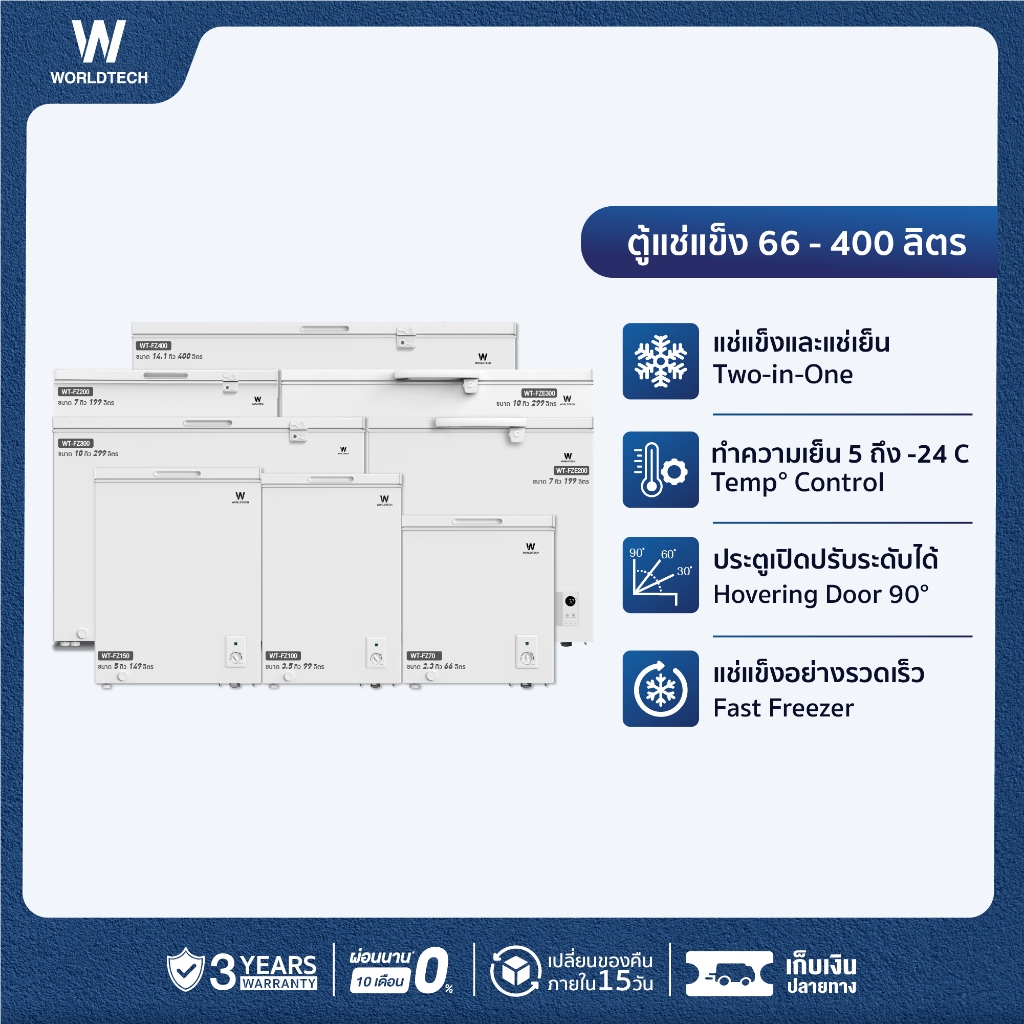 Worldtech ตู้แช่ 2 ระบบ แช่เย็น และ แช่แข็ง 66-400 ลิตร ประกัน 3 ปี Chest Freezer รุ่น WT-FZ70-400