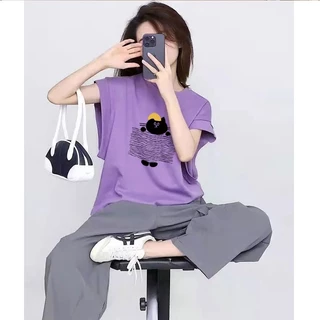 เสื้อแขนกุดลําลองทรงหลวมสไตล์เกาหลี oversize เสื้อผ้าสาวอวบแฟชั่นฤดูร้อนใหม่ เสื้อยืดลายการ์ตูนสวยๆผู้หญิงกําลังฮิต 3XL
