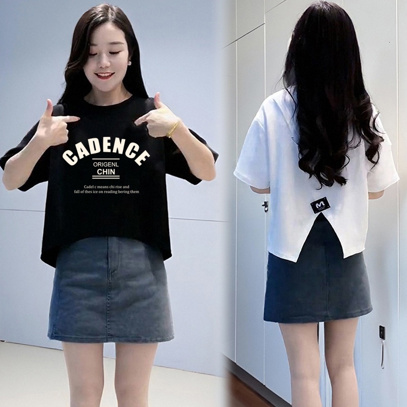 เสื้อครอปน่ารักสไตล์เกาหลี oversize เสื้อผ้าสาวอวบอ้วนไซส์ใหญ่ เสื้อยืดสวยๆผู้หญิงแฟชั่นมาใหม่ ลายตัวหนังสือ ผ่าด้านหลัง