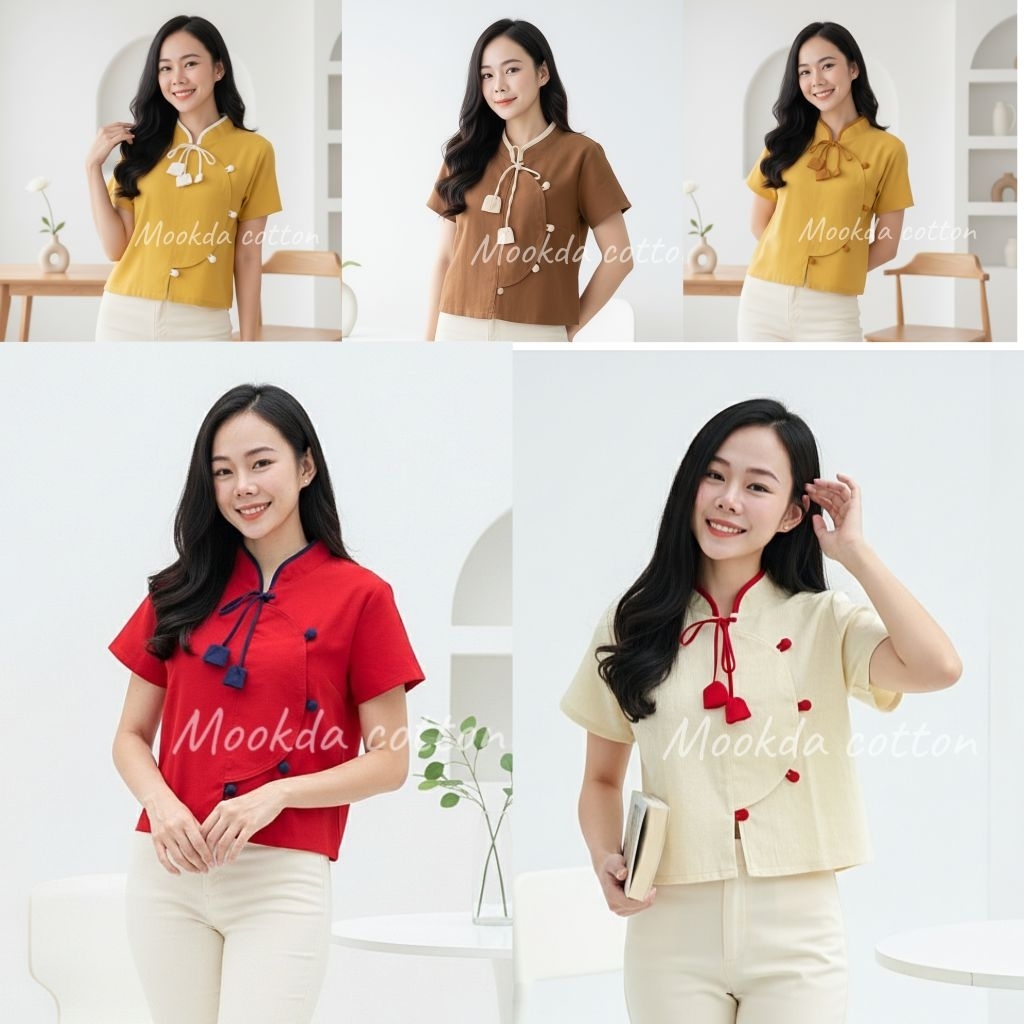 เสื้อคอจีนแต่งขลิป แต่งกระดุมปั๊ม+ทิวลิป