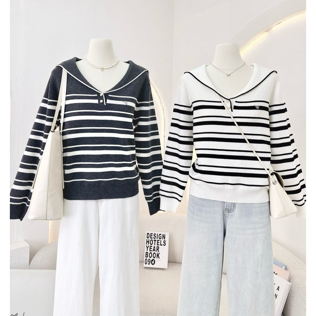 WA YA เสื้อสเวตเตอร์ไหมพรมปกโค้ง ผ้าลายริ้ว