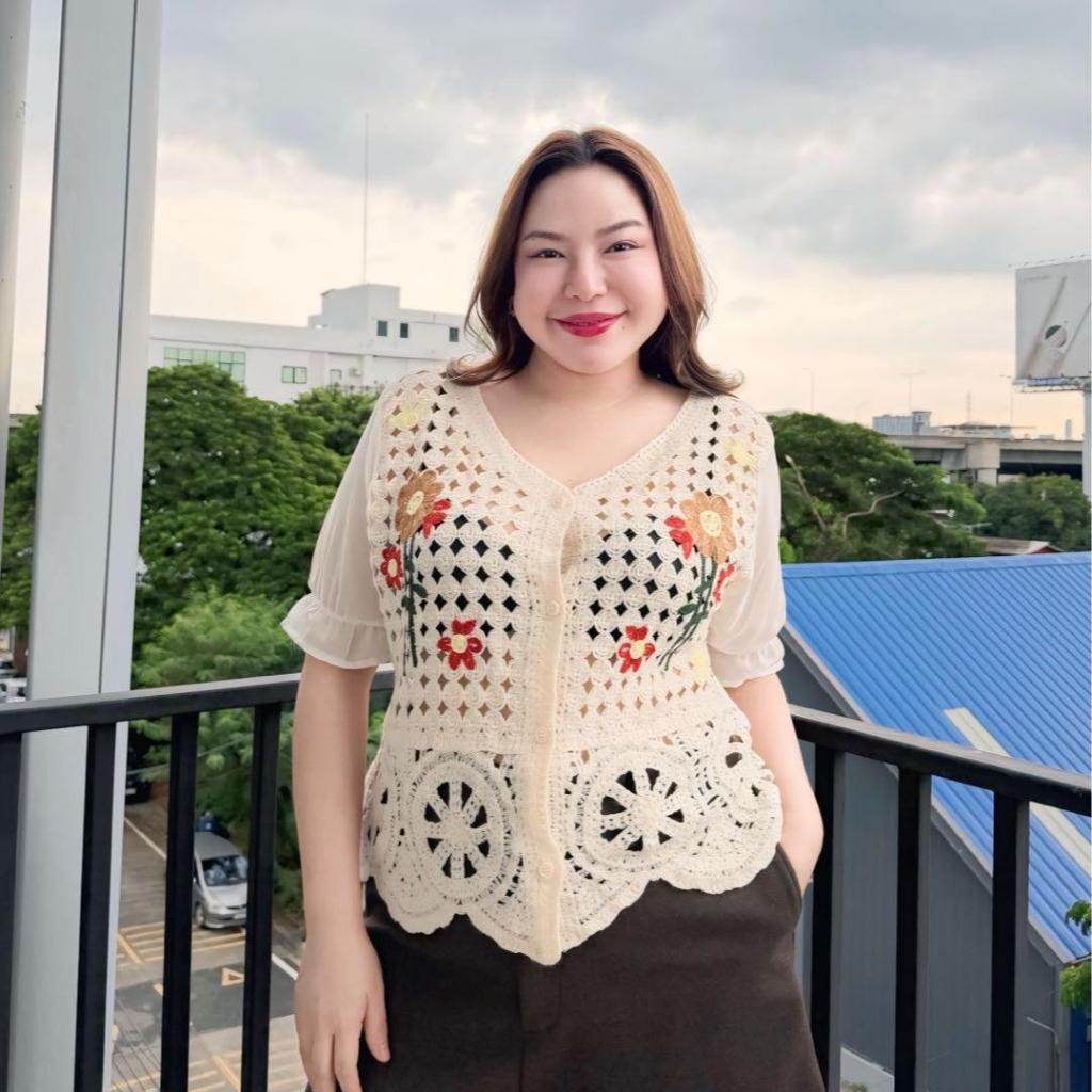 เสื้อถัก ปักลายดอกไม้ แขนชีฟอง อก46 #FMBL-FH3009