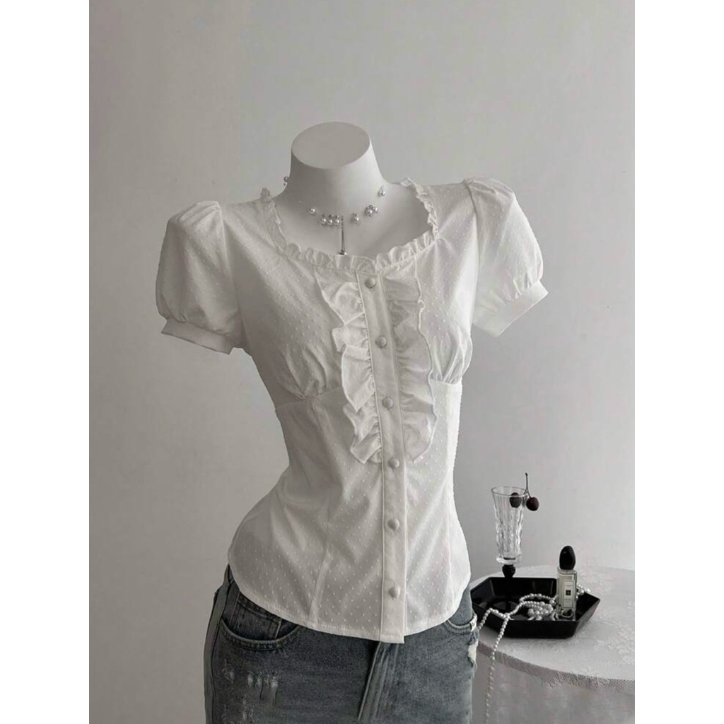 เสื้อเชิ้ตแขนตุ๊กตา โทนขาวดำ แต่งระบายหน้า มาใหม่ งานตามหา รุ่นขายดี - รูปที่ 6