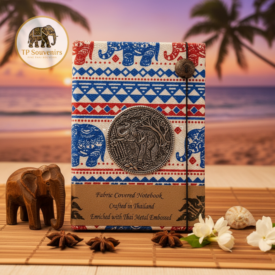 สมุดพกพา 🇹🇭 ปกผ้าทอ/ลายไทย/ลายช้าง พร้อมโลหะนูน (Thai Fabric Notebook with Metal Emboss) คละสี (Handmade) 🐘
