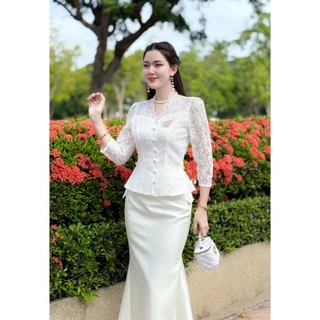 เสื้อลูกไม้รุ่น-มรกต แขนยาว 5ส่วน คอวี ตกแต่งกระดุมแกะได้ ใส่เข้ารูปทรงสวย