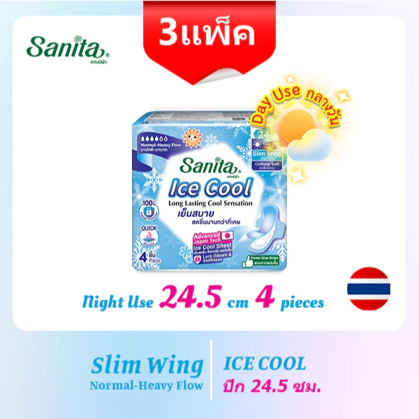【ราคาพิเศษ : 3 แพ็ค】Sanita Ice Cool / แซนนิต้า ผ้าอนามัย ไอซ์ คูล ผิวสัมผัสนุ่ม สลิม มีปีก 24.5ซม. 4ชิ้น/ห่อ