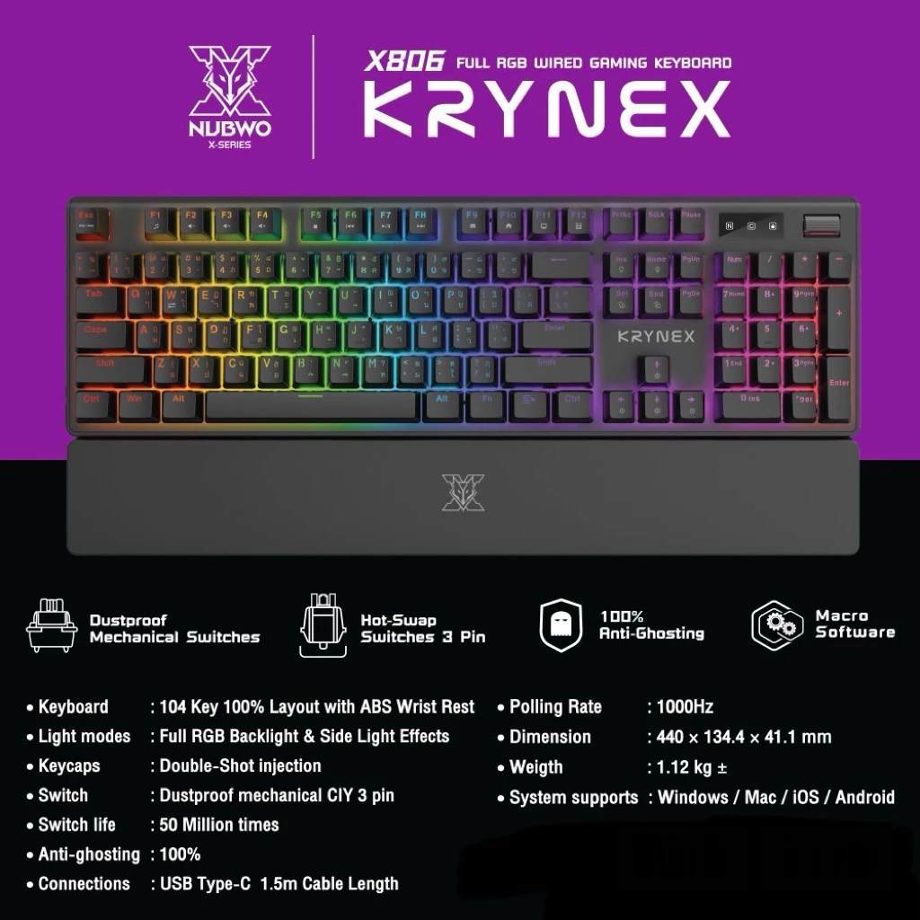 Nubwo X806 KRYNEX [Black]Full Rgb Wire Gaming Keyboard คีย์บอร์ดแมคคานิคอล ไฟRgb ตั้งมาโครได้ ถอดสวิทช์ได้ ประกันศูนย์