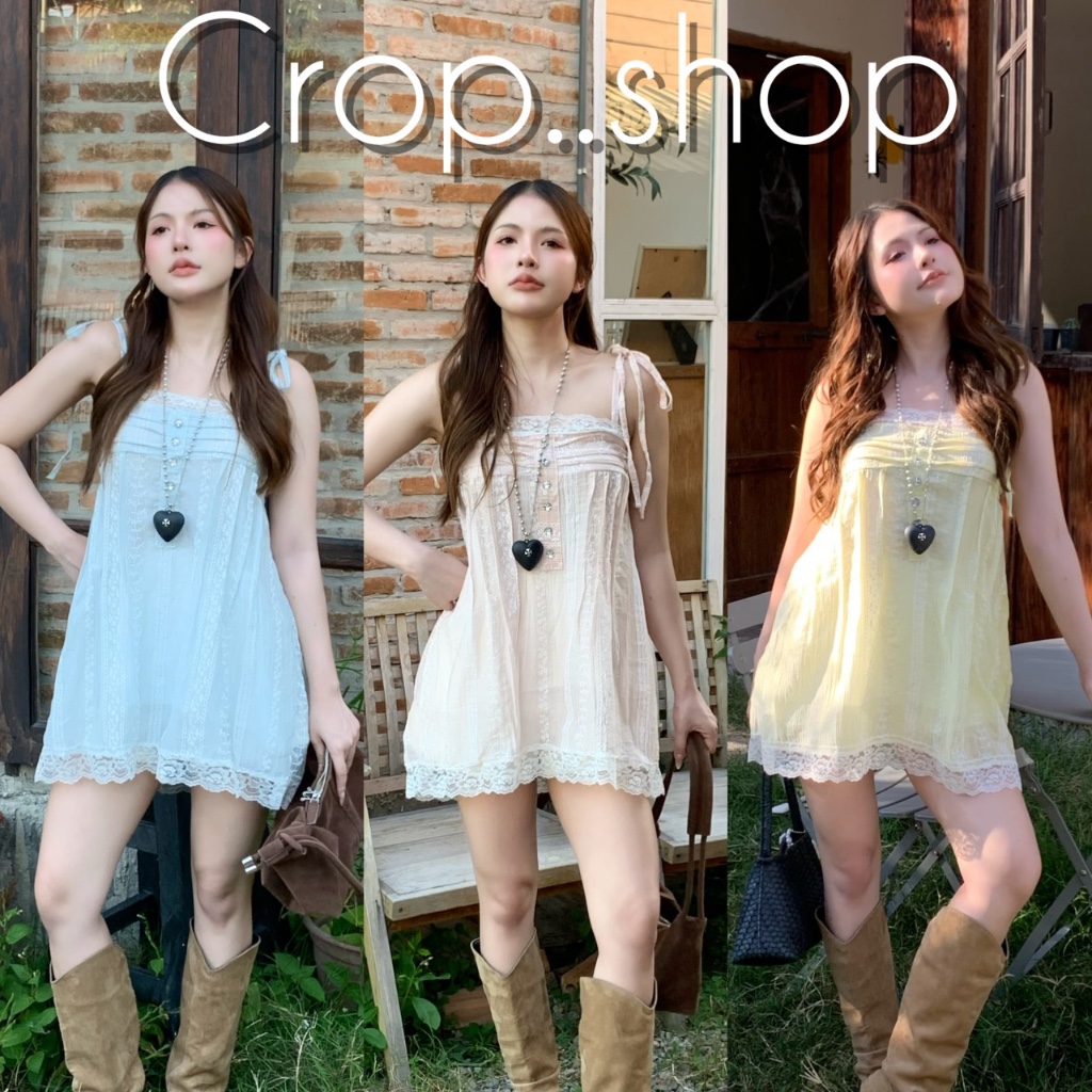 crop..shop มินิเดรสสายเดี่ยวงานสวยน่ารัก คุณหนูสุดๆ ละมุนมาก เเต่งชายระบาย งานสีสดใสสุดๆ งดงามปังมาก
