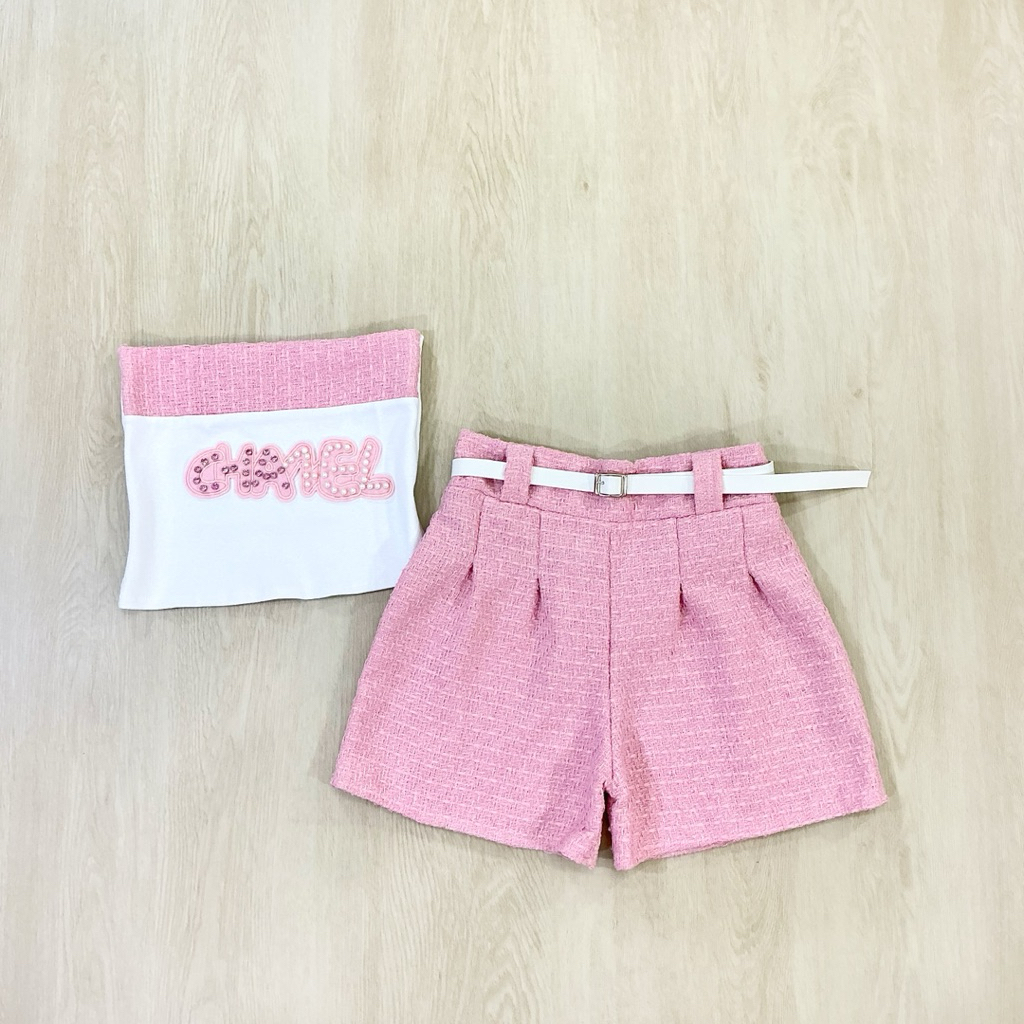 ชุดเซตเสื้อเกาะอกผ้ายืดติดอะไหล่+ขาสั้นผ้าทวิต+เข็มขัด หวานสวยละมุนสุด Cute