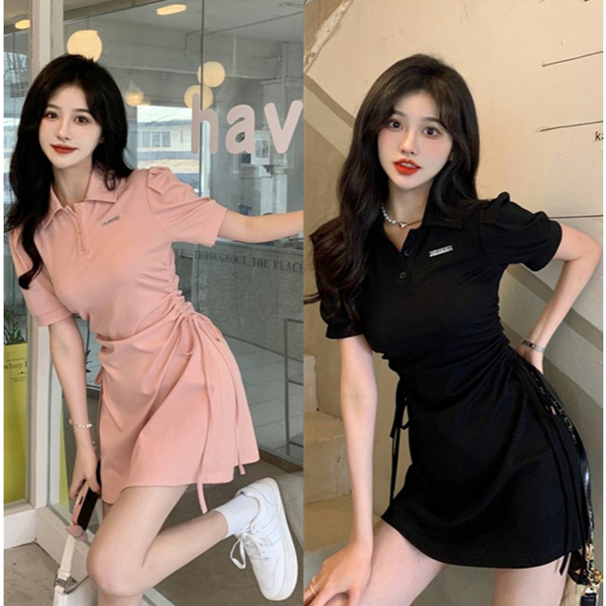 B02 ชุดเดรสโปโล คอปก สายรัดเอวรัดรูป แบบใหม่ สไตล์เกาหลี สําหรับผู้หญิง
