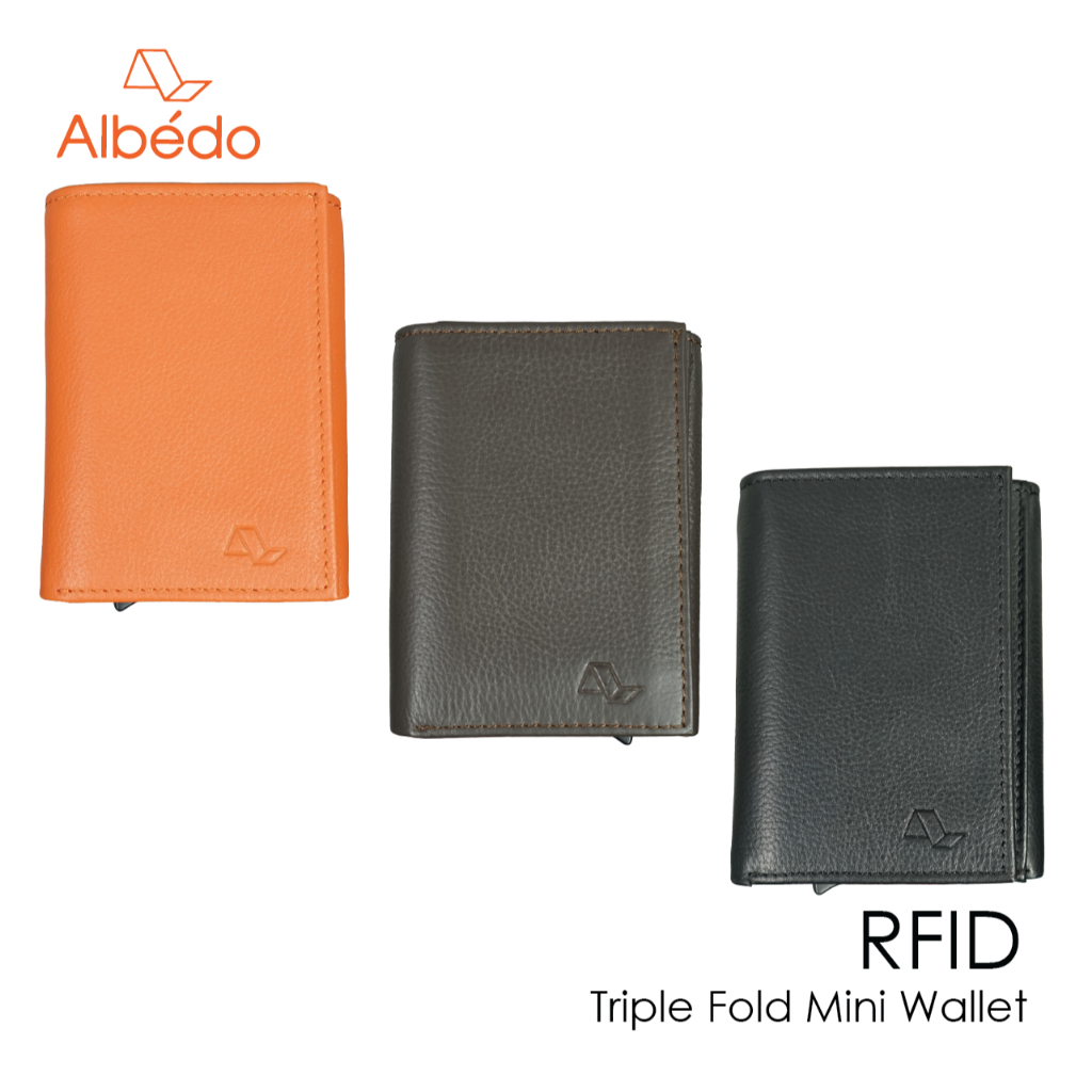 [Albedo] TRIPLE FOLD MINI WALLET RFID กระเป๋าสตางค์ + กล่องใส่บัตร หนังแท้ ป้องก