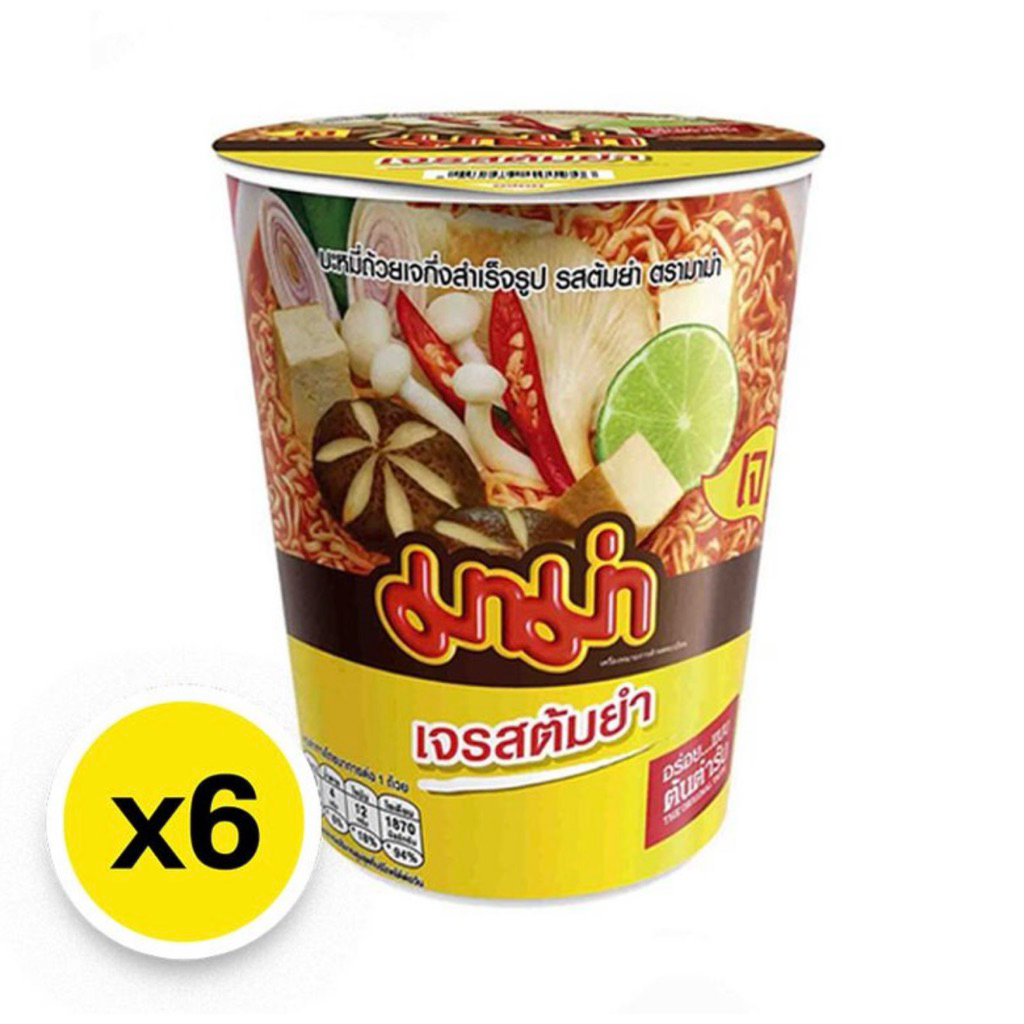 Mama มาม่าคัพ บะหมี่กึ่งสำเร็จรูป สูตรเจ รสต้มยำ 60g (6ถ้วย) มาม่าเจ มาม่าถ้วย
